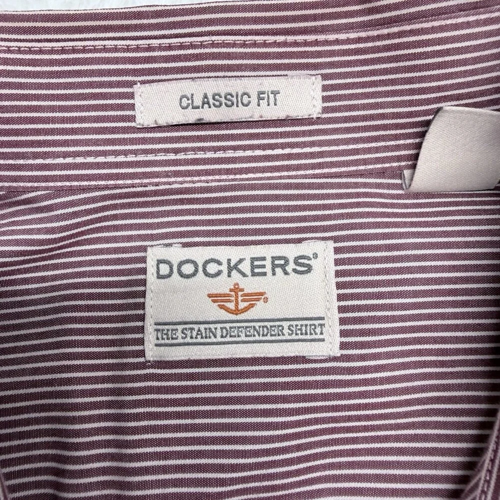 Men’s Dockers Button Dow Shirt, Burgundy And White Pinstripe, Size Large